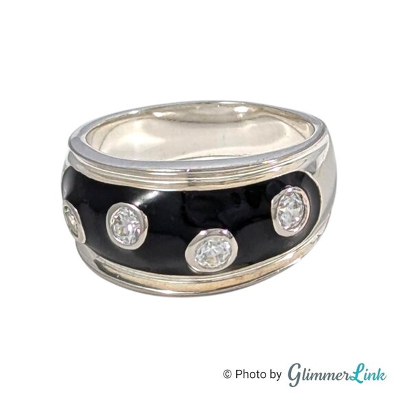 Vintage Sterling Silver Black Enamel Dome Ring CZ Stones Size 8 Thailand - Picture 4 of 12